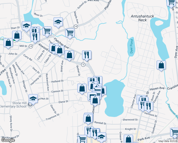 map of restaurants, bars, coffee shops, grocery stores, and more near 2 Thomas Street in Cranston