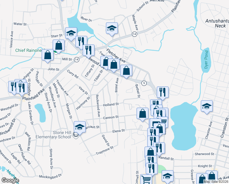 map of restaurants, bars, coffee shops, grocery stores, and more near 80 Royal Avenue in Cranston