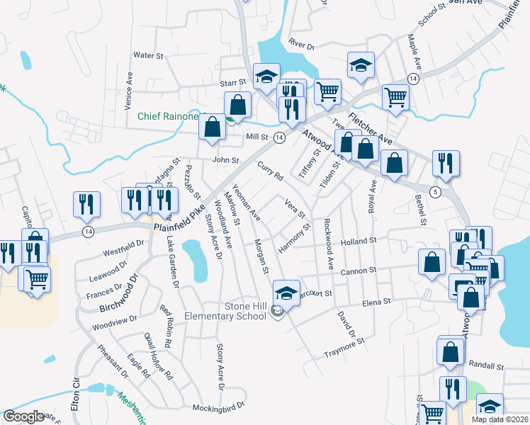 map of restaurants, bars, coffee shops, grocery stores, and more near 20 Farwell Street in Cranston