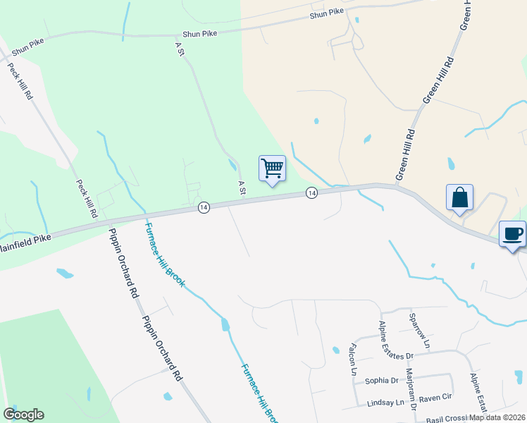 map of restaurants, bars, coffee shops, grocery stores, and more near 2814 Plainfield Pike in Cranston