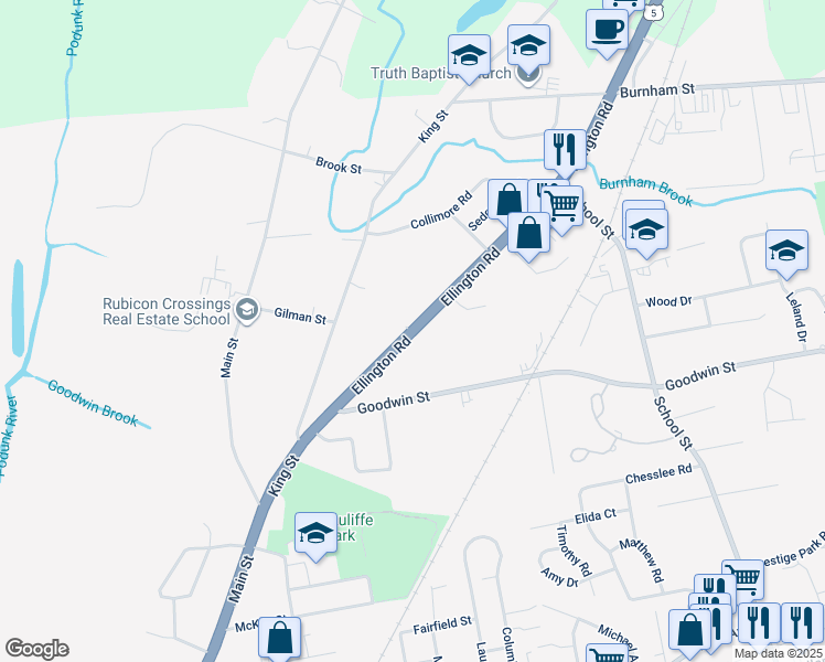 map of restaurants, bars, coffee shops, grocery stores, and more near 107 U.S. 5 in East Hartford