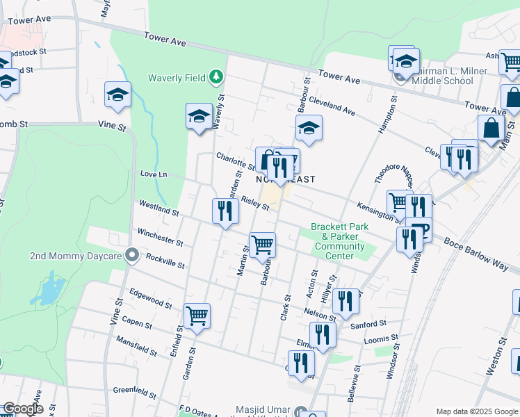 map of restaurants, bars, coffee shops, grocery stores, and more near 211 Martin Street in Hartford