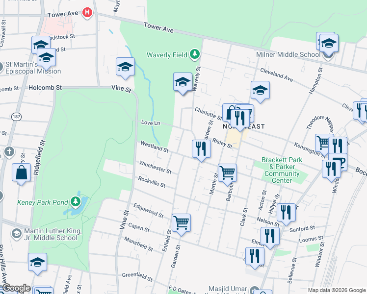 map of restaurants, bars, coffee shops, grocery stores, and more near 234 Westland Street in Hartford