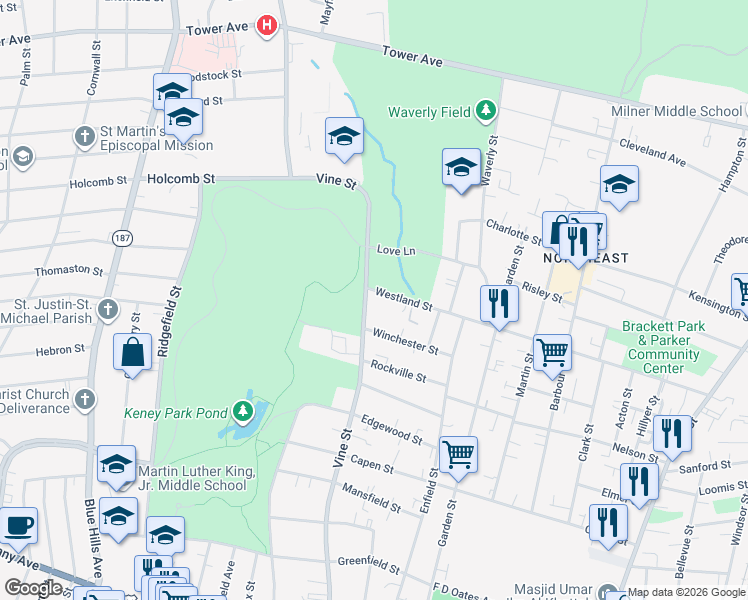 map of restaurants, bars, coffee shops, grocery stores, and more near 366 Vine Street in Hartford
