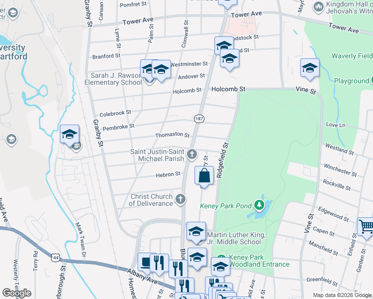 map of restaurants, bars, coffee shops, grocery stores, and more near 250 Blue Hills Avenue in Hartford