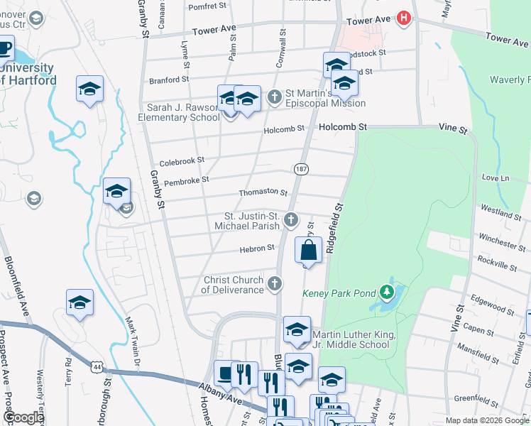 map of restaurants, bars, coffee shops, grocery stores, and more near 16 Chatham Street in Hartford