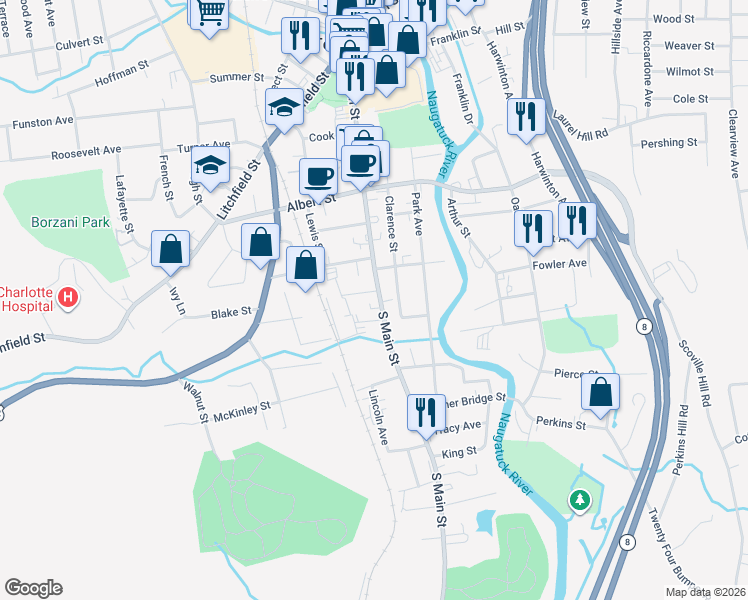 map of restaurants, bars, coffee shops, grocery stores, and more near 26 Lawton Street in Torrington