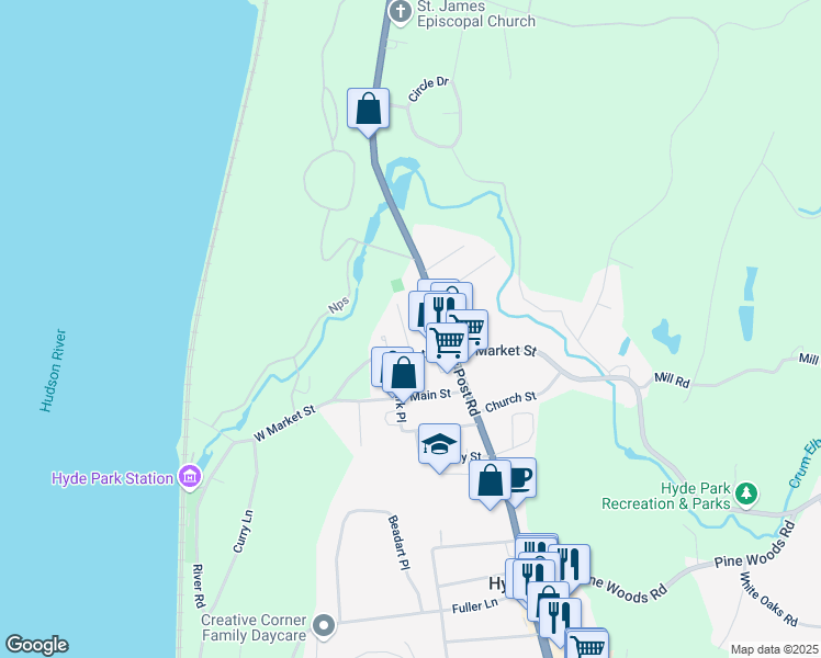 map of restaurants, bars, coffee shops, grocery stores, and more near 21A West Market Street in Hyde Park