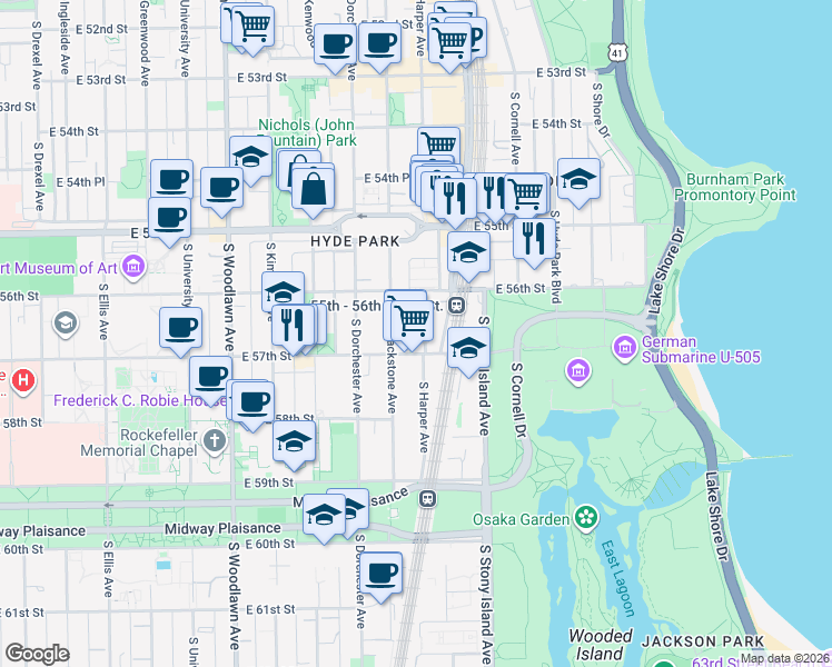 map of restaurants, bars, coffee shops, grocery stores, and more near 1455 East 57th Street in Chicago