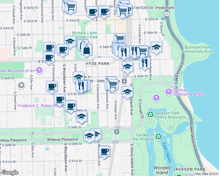 map of restaurants, bars, coffee shops, grocery stores, and more near 1455 East 57th Street in Chicago