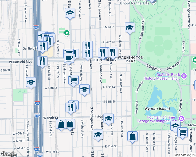map of restaurants, bars, coffee shops, grocery stores, and more near 5648 South Indiana Avenue in Chicago