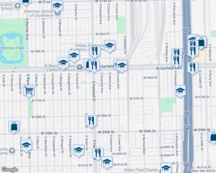 map of restaurants, bars, coffee shops, grocery stores, and more near 5635 South Emerald Avenue in Chicago