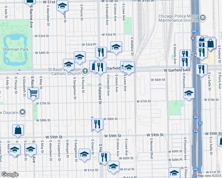 map of restaurants, bars, coffee shops, grocery stores, and more near 5635 South Emerald Avenue in Chicago