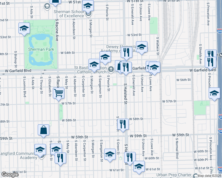 map of restaurants, bars, coffee shops, grocery stores, and more near 5632 South Green Street in Chicago