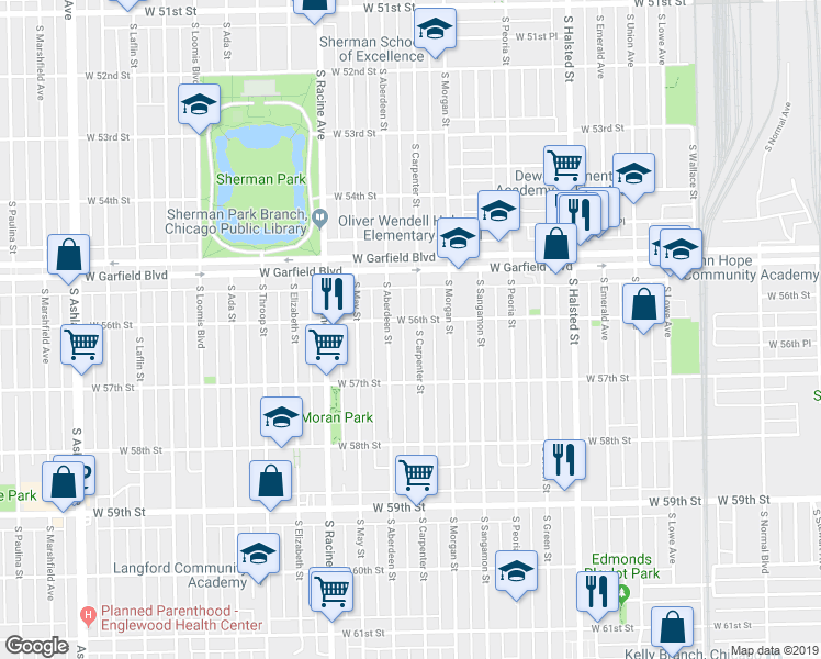 map of restaurants, bars, coffee shops, grocery stores, and more near 5631 South Carpenter Street in Chicago