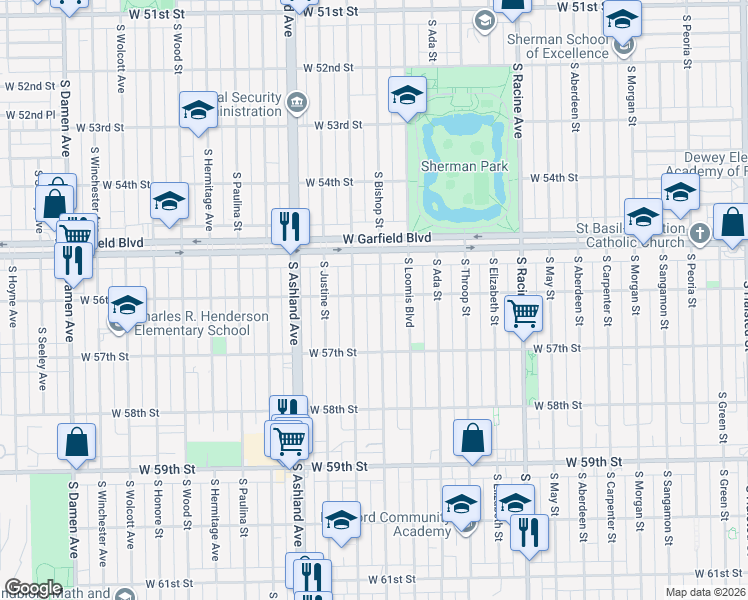 map of restaurants, bars, coffee shops, grocery stores, and more near 5623 South Laflin Street in Chicago