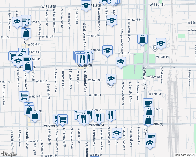 map of restaurants, bars, coffee shops, grocery stores, and more near 5610 South Washtenaw Avenue in Chicago