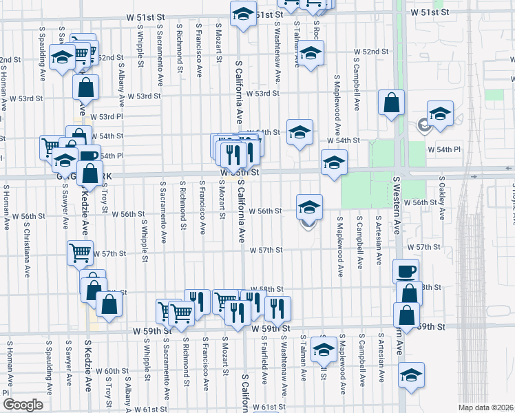 map of restaurants, bars, coffee shops, grocery stores, and more near 5610 South Fairfield Avenue in Chicago