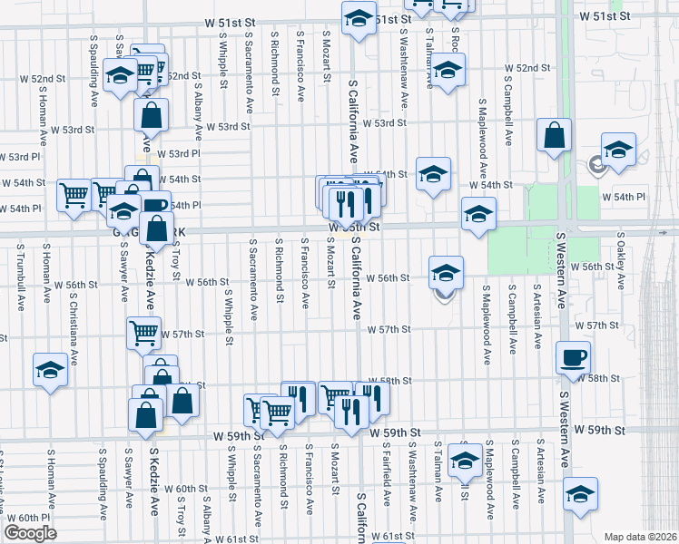 map of restaurants, bars, coffee shops, grocery stores, and more near 5609 South Mozart Street in Chicago