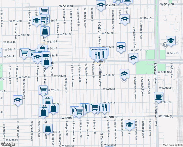 map of restaurants, bars, coffee shops, grocery stores, and more near 5609 South Francisco Avenue in Chicago