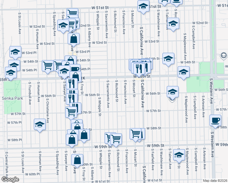 map of restaurants, bars, coffee shops, grocery stores, and more near 5606 South Richmond Street in Chicago