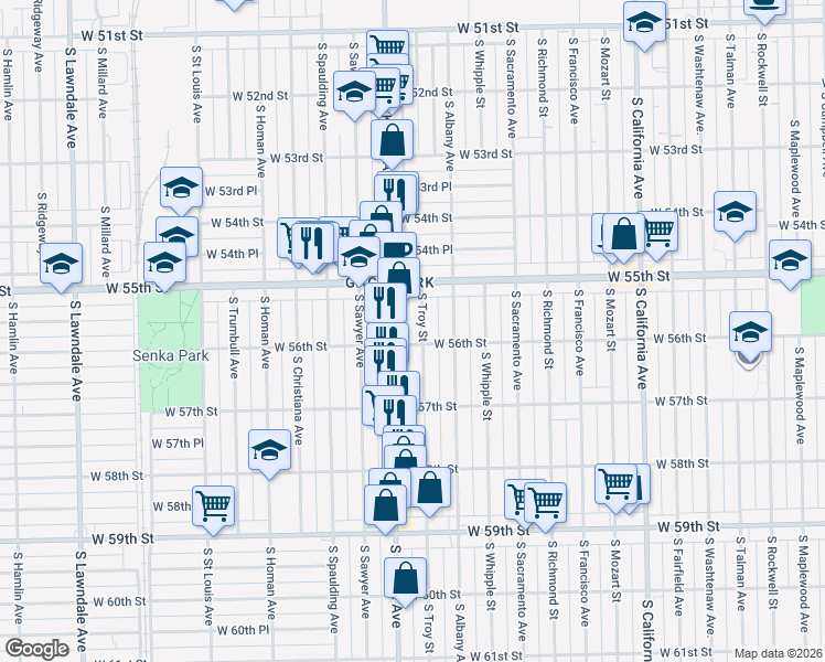 map of restaurants, bars, coffee shops, grocery stores, and more near 5607 South Troy Street in Chicago