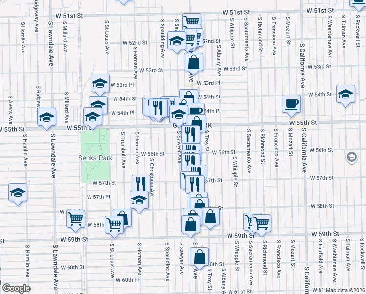 map of restaurants, bars, coffee shops, grocery stores, and more near 5602 South Sawyer Avenue in Chicago