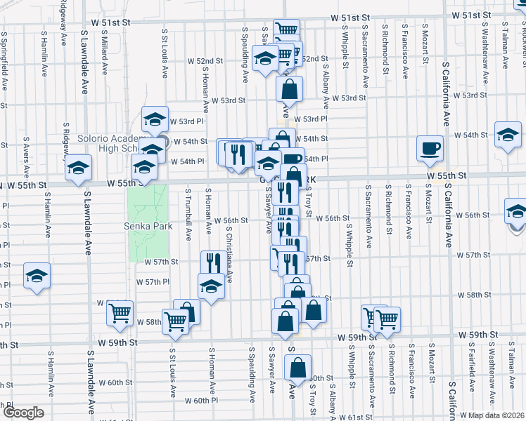 map of restaurants, bars, coffee shops, grocery stores, and more near 5602 South Sawyer Avenue in Chicago