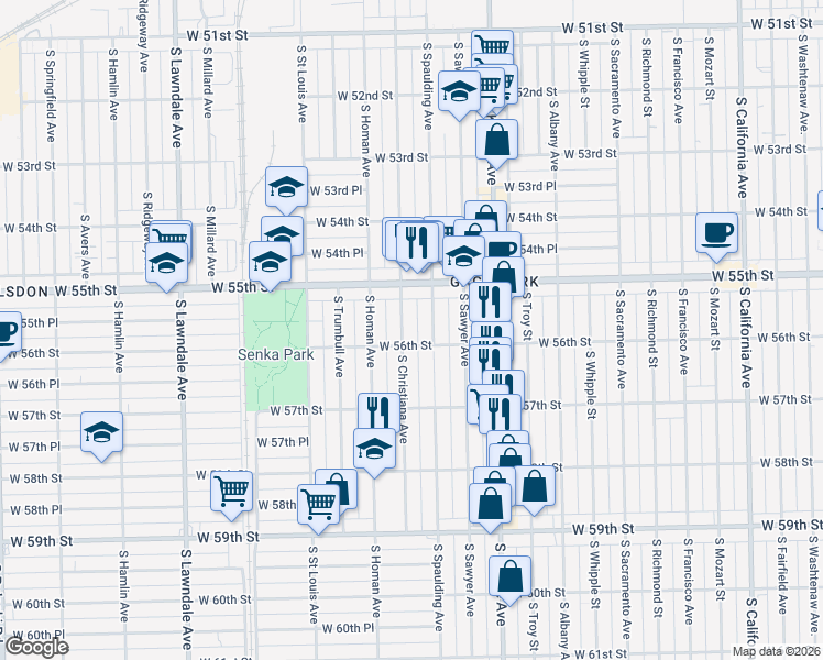 map of restaurants, bars, coffee shops, grocery stores, and more near 5600 South Spaulding Avenue in Chicago