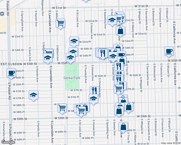 map of restaurants, bars, coffee shops, grocery stores, and more near 5601 South Trumbull Avenue in Chicago