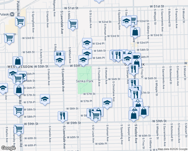 map of restaurants, bars, coffee shops, grocery stores, and more near 5601 South Saint Louis Avenue in Chicago