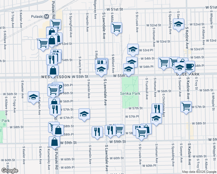 map of restaurants, bars, coffee shops, grocery stores, and more near 3653 West 56th Street in Chicago
