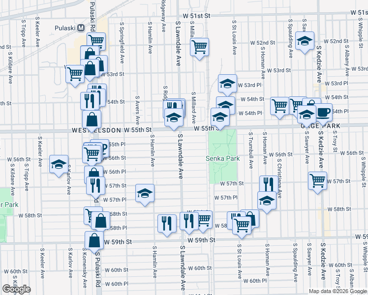 map of restaurants, bars, coffee shops, grocery stores, and more near 3653 West 56th Street in Chicago