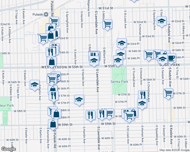 map of restaurants, bars, coffee shops, grocery stores, and more near 3653 West 56th Street in Chicago