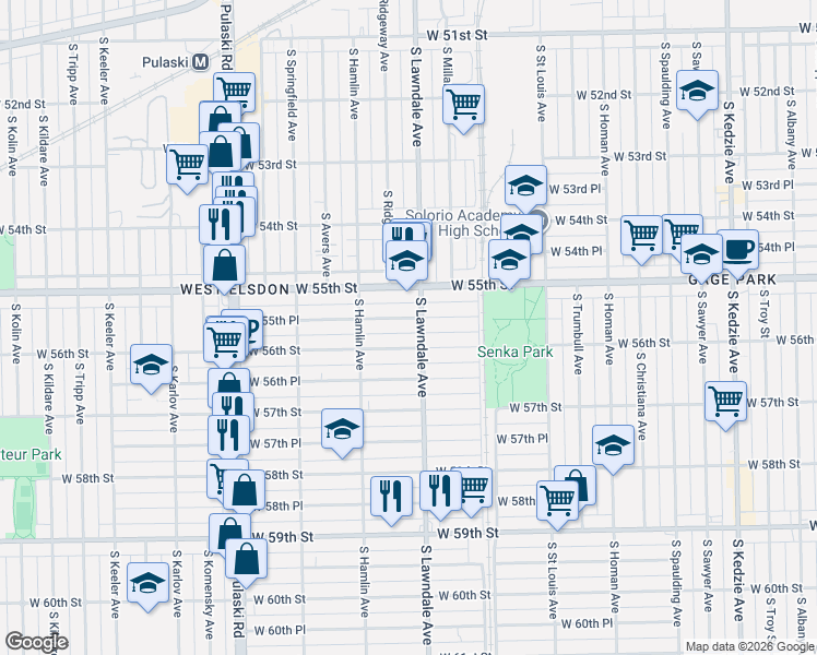 map of restaurants, bars, coffee shops, grocery stores, and more near 3733 West 56th Street in Chicago