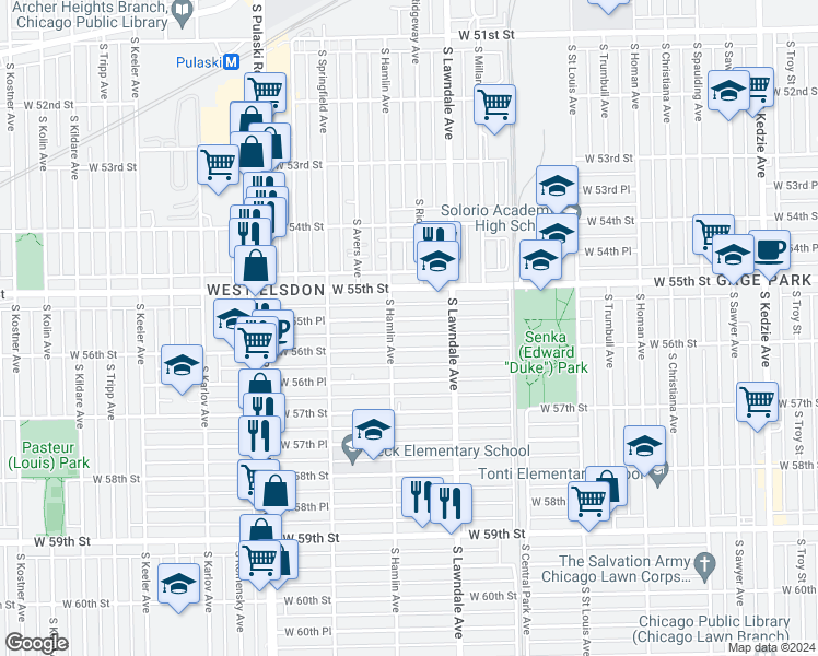 map of restaurants, bars, coffee shops, grocery stores, and more near 3733 West 56th Street in Chicago