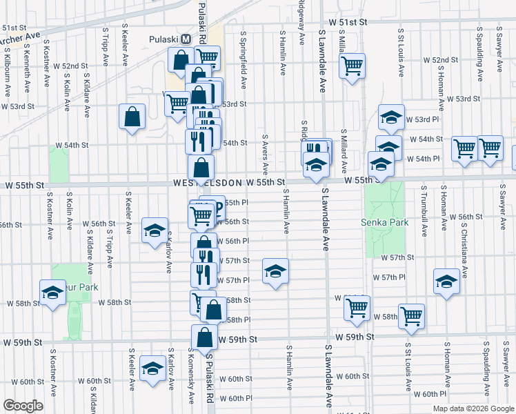 map of restaurants, bars, coffee shops, grocery stores, and more near 3844 West 56th Street in Chicago