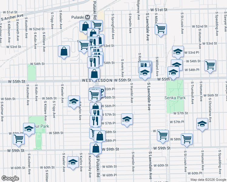 map of restaurants, bars, coffee shops, grocery stores, and more near 3920 West 56th Street in Chicago