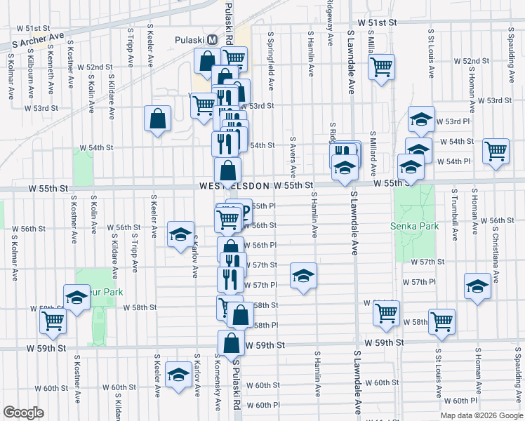 map of restaurants, bars, coffee shops, grocery stores, and more near 3920 West 56th Street in Chicago