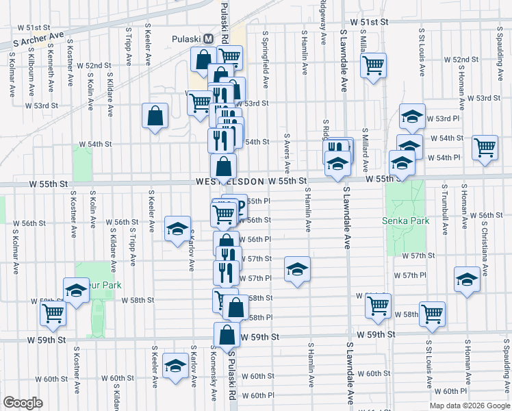 map of restaurants, bars, coffee shops, grocery stores, and more near 3920 West 56th Street in Chicago