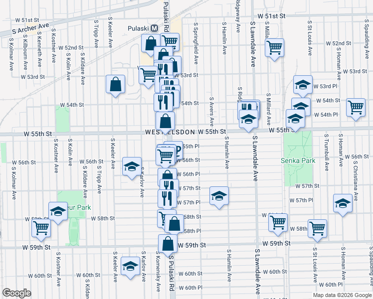 map of restaurants, bars, coffee shops, grocery stores, and more near 3920 West 56th Street in Chicago