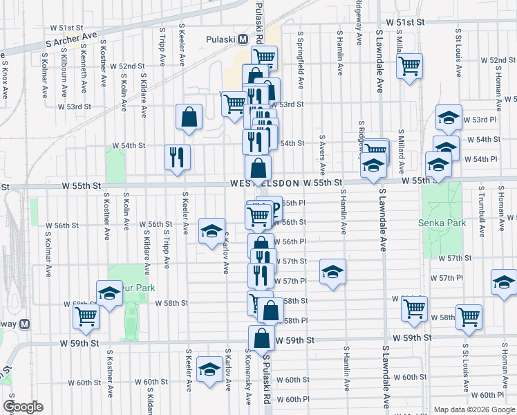 map of restaurants, bars, coffee shops, grocery stores, and more near 5618 South Pulaski Road in Chicago