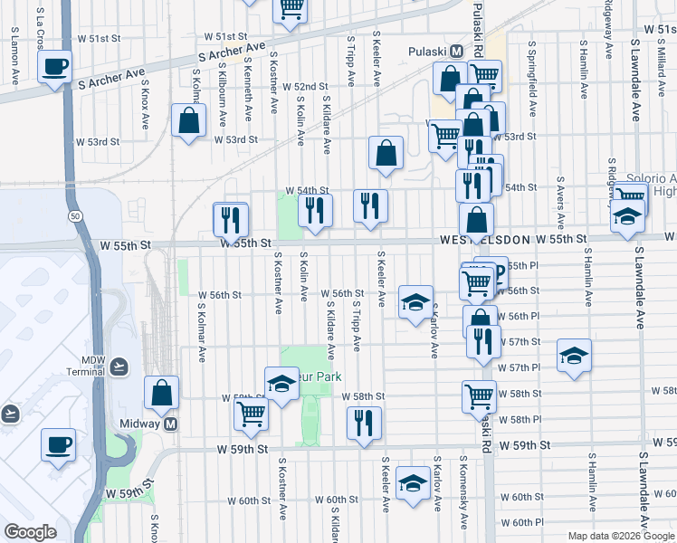 map of restaurants, bars, coffee shops, grocery stores, and more near 5554 South Kildare Avenue in Chicago