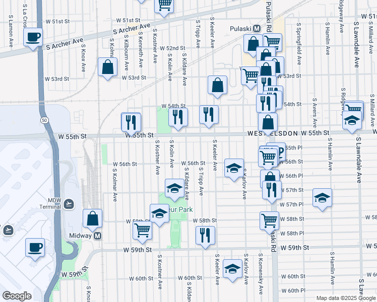 map of restaurants, bars, coffee shops, grocery stores, and more near 5554 South Kildare Avenue in Chicago