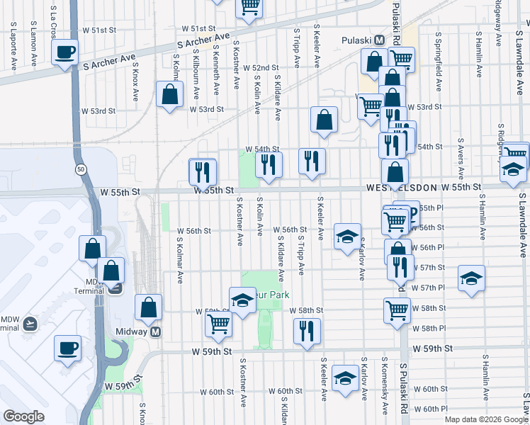 map of restaurants, bars, coffee shops, grocery stores, and more near 5552 South Kolin Avenue in Chicago