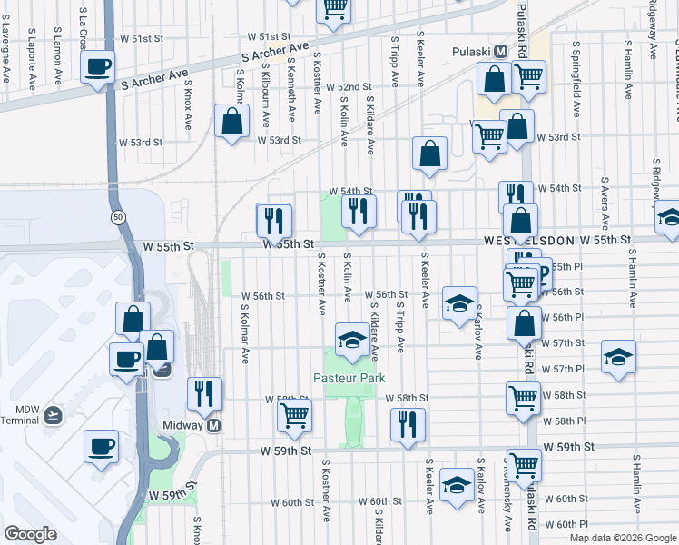 map of restaurants, bars, coffee shops, grocery stores, and more near 5552 South Kolin Avenue in Chicago