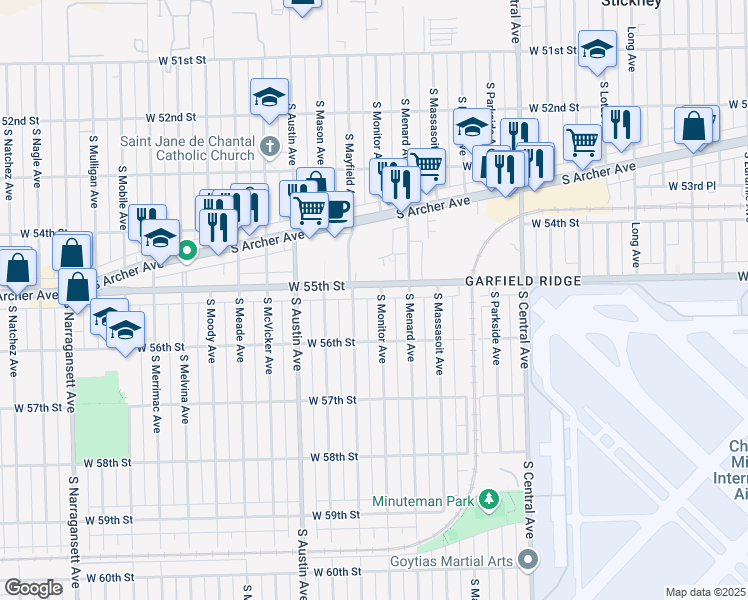map of restaurants, bars, coffee shops, grocery stores, and more near 5537 South Monitor Avenue in Chicago