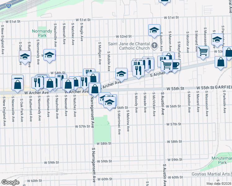 map of restaurants, bars, coffee shops, grocery stores, and more near 5530 South Merrimac Avenue in Chicago