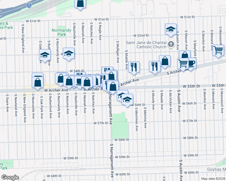 map of restaurants, bars, coffee shops, grocery stores, and more near 5523 South Narragansett Avenue in Chicago