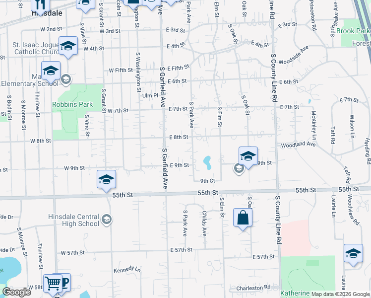 map of restaurants, bars, coffee shops, grocery stores, and more near 127 East 9th Street in Hinsdale